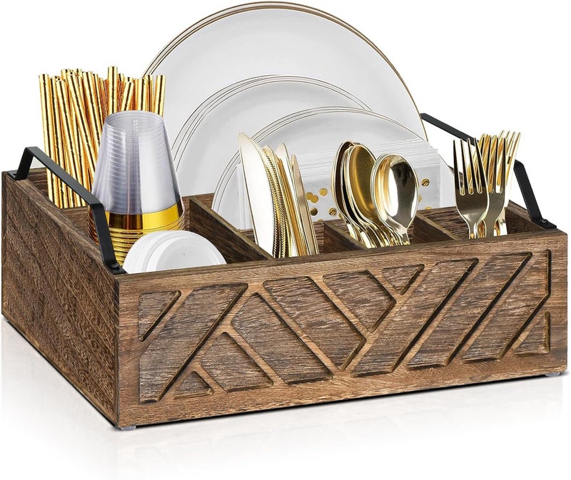 Ukonvi Flatware Organizers Paper Plate Dispenser with Handles, Paper Plate Holder for Kitchen Counter, Wood Rustic Silverware Utensil Caddy, Brown - Image 1